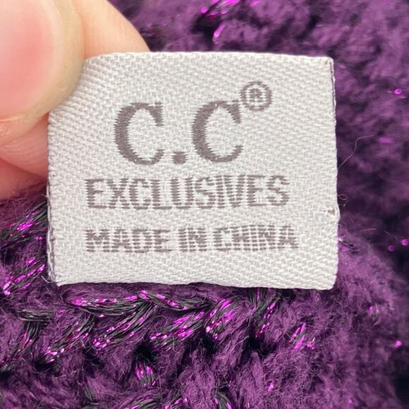 C.C Exclusives Purple Tan Metallic Cable Knit Faux Fur Pom One Size Beanie Hat - Picture 6 of 7